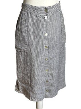 St Tropez West Linen Skirt Gray Stripe Button Pockets Indie Coastal Resort Wom L